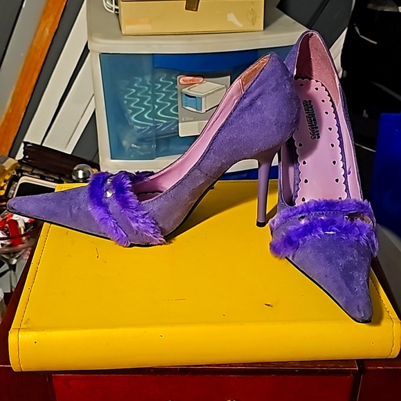 New Suede w/Fur Designer Shoes by Dangerous, Sz 8, Purple, Pointy Toe, 3" - Picture 8 of 11